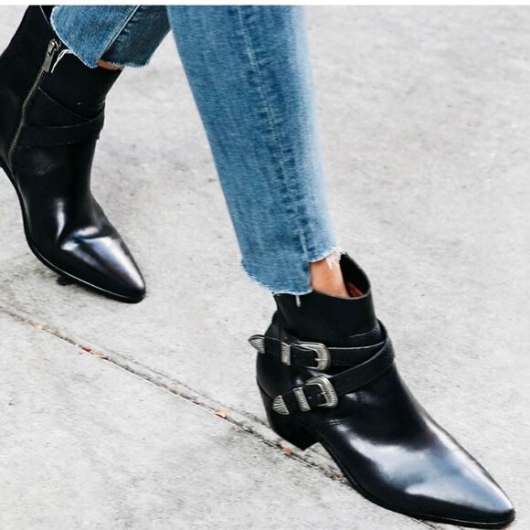 Frye Shoes - Frye Ray Western Black Leather Shootie Ankle Boots Buckle Boho Cowgirl Size 10